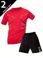 2Pcs Men'S Summer Short Sleeve Suit - Casual Sporty Round Neck T-Shirt & Shorts Set, Breathable Polyester Blend, Regular Fit, White & Black With Orange Accents, Perfect For Outdoor Activities, Summer Casual Wear | Sporty Look | Comfortable Fit, Summer Shorts - Image 8