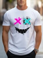 Lheurystic Men'S White Athletic T-Shirt With Neon Pink & Cyan Splatter Paint Design, X-Out Graphic & Black Splatter - Breathable Stretch Fabric, Round Neck Short Sleeve Gym Shirt For Workouts, Casual & Casual Attire - Machine Washable Regular Fit