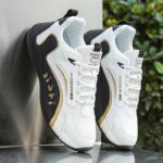 1 Pair Mainalun Men'S Breathable Training Sneakers With Inner Height Increase, Lightweight Lace-Up Low-Top Shoes For Running, Outdoor & Casual Wear - White & Black With Golden Accents, Plus Sizes Available, Gym Shoes, Athletic Footwear, Sporty Look, Durable Pvc Sole - Image 9