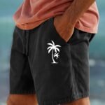 Men'S Cotton Shorts With Drawstring, Casual Palm Tree Print, All-Season, Non-Stretch Woven Fabric, Button Detail, Regular Fit, 110Gsm - Summer Beachwear, Plus Size