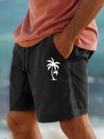Men'S Cotton Shorts With Drawstring, Casual Palm Tree Print, All-Season, Non-Stretch Woven Fabric, Button Detail, Regular Fit, 110Gsm - Summer Beachwear, Plus Size