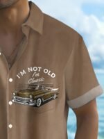 Men'S Plus Size Vintage Car Graphic Button-Up Shirt - Blue & White Checkered, Short Sleeve, Casual Summer Shirt With Front Pocket, Casual Summer Wear|Vintage Car Print|Short Sleeve Shirt - Image 10