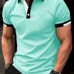 Men'S Summer Fashion Shirt - Casual Short Sleeve, Jade Green With Contrast Trim, Breathable Polyester, Machine Washable, Plus Size