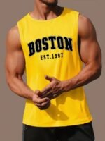 Obm Same Bond Men'S Sleeveless Athletic Tank Top With Boston Est. 1997 Print - Black & Golden, Regular Fit, Machine Washable, All-Season Workout & Casual Wear, Sports Apparel, Sporty Look, Nontransparent Fabric - Image 7