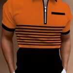 Men'S Color Blocking Stripes Print Golf Shirt For Summer, Casual Stylish Short Sleeve Top As Gift, Plus Size