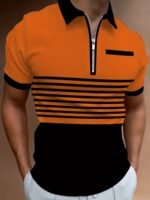 Men'S Color Blocking Stripes Print Golf Shirt For Summer, Casual Stylish Short Sleeve Top As Gift, Plus Size