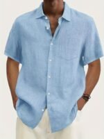 Men'S Plus Size Vintage Black Casual Button-Up Short Sleeve Shirt With Pockets - Summer Basic Lapel Collar, Non-Stretch Fabric, Regular Fit, Adult Sizes, Lightweight Polyester, Casual Attire | Classic Buttonup Shirt | Solid Color Shirt, Plus Size - Image 2