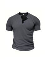 A Piece Ofplus-Size Men'S Loose Solid Color Henry Shirt, Round Neck Half-Button Short-Sleeved Shirt, Suitable For Summer Outdoor Activities, Plus Size - Image 5