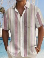 Men'S Casual Striped Short Sleeve Button-Up Shirt - Light Blue & White Vertical Stripes, Collar, Regular Fit Summer Casual Wear, Short Sleeve Button Blouses, Plus Size - Image 5