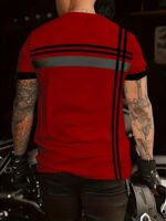 Men'S Casual Athletic Red T-Shirt - Short Sleeve, Round Neck, Polyester Blend, Stripe Print, Machine Washable - Ideal For Summer Leisure And Sports, Plus Size - Image 4