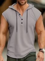 Men'S Sleeveless Hooded Henley Shirt - Lightweight, Breathable Polyester | Summer Casual & Sporty Top With Button Detail | Machine Washable