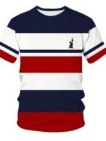 Plus Size Men'S 3D Graphic Tee - Casual & Sporty, Navy Blue/White/Red Striped Print, Round Neck, Short Sleeve, Polyester Blend, Machine Washable, Plus Size - Image 2