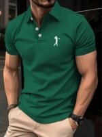 Men'S Green Polo Shirt With White Golf Player Print - Casual, Short Sleeve, Regular Fit, Summer Top For Golf, Sports, And Casual Attire, Golf Apparel | Casual Style | Glossy Finish