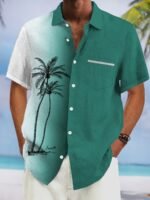 Men'S Vintage Tropical Coconut Tree Gradient Shirt - Turquoise To White Ombre Button-Up Beach Shirt With Palm Tree Print, Non-Stretch Fabric For Casual & Formal Events - All-Season Tropical Vacation Outfit - Plus Size Friendly Classic Collar Button Front Placket, Beach T Shirt, Summer Outfit, Retro Style, Durable Construction, Short Sleeve Top, Summer Wardrobe, Plus Size, Spring And Summer Tropical Vacation Outfits (Short Sleeves/Long Sleeves), Hats/Shirts/Pajamas, Beachy Items