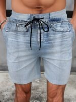 Men'S Casual Stylish Visual Illusion Faux Denim Patterned Digital Print Shorts, Plus Size - Image 4