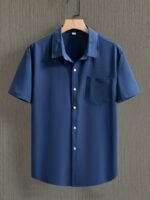 Men'S Casual Short Sleeve Button-Up Shirt - Wrinkle-Resistant Polyester, Dark Gray With Collar & Chest Pocket, Lightweight Summer Wear For Everyday Use, Everyday Shirt | Modern Casual Style | Polyester Fabric, Short Sleeve Tops, Plus Size - Image 2