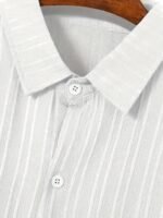 Men'S Royal Blue Casual Button-Up Shirt - Short Sleeve, Ribbed Texture Fabric, Classic Collar, Summer Wear, Machine Washable, Plus Size - Image 10