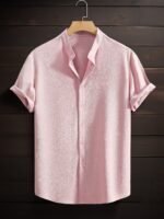 Men'S Summer Breeze Green Short-Sleeve Button-Up Shirt - Casual, Breathable Polyester With Stand Collar, Ideal For Daily Wear & Beach Vacations - Image 5