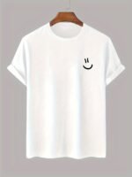 Men'S 100% Cotton White T-Shirt With Joyful Face Print - Minimalist Round Neck Short Sleeve Casual Casual Attire, Soft Breathable Fabric, Left Chest Joyful Face Design, Minimalist White Tee For Men, Versatile For Casual & Formal Outfits, Hand Washable, Regular Fit, Plain White With Joyful Face Graphic, Smooth Texture, No Stretch Fabric, Basic Style For Layering, Suitable For Casual Attire, Round Neck T Shirt For Men, T Shirt For Men High Quality, Funny T Shirts, - Image 6