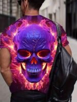Men'S Plus Size 3D Glowing Skull & Flame Graphic T-Shirt - Short Sleeve, Casual Summer Tee, Vivid Purple & Pink Flames Design, Polyester/Spandex Blend, Machine Washable, Plus Size - Image 2