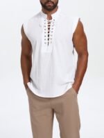 Men'S Plus Size Sleeveless Traditional Chinese Guizhou Shirt - Stand Collar Loose Fit With Drawstring & Button Front Closure, Olive Green Casual Retro Top For Spring Summer Fall, Machine Washable, Plus Size - Image 2