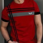 Men'S Casual Athletic Red T-Shirt - Short Sleeve, Round Neck, Polyester Blend, Stripe Print, Machine Washable - Ideal For Summer Leisure And Sports, Plus Size