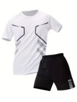 2Pcs Men'S Summer Short Sleeve Suit - Casual Sporty Round Neck T-Shirt & Shorts Set, Breathable Polyester Blend, Regular Fit, White & Black With Orange Accents, Perfect For Outdoor Activities, Summer Casual Wear | Sporty Look | Comfortable Fit, Summer Shorts - Image 7