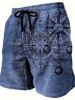 Men'S Plus Size Casual Fashion Novelty Blue Compass Pattern Digital Print Shorts, Non-Stretch Fabric, Regular Fit, Geometric Design, Woven Polyester, Casual Summer Wear, Plus Siz - Image 3