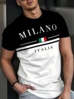 Men'S Casual "Milano Italy" Graphic T-Shirt - Black & White With Italian Flag Design, Short Sleeve, Round Neck, Polyester, Summer Streetwear, Italian T Shirt - Image 2