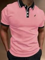 Men'S Lightweight Breathable Summer Shirt - Solid Color Black With White Logo, Short Sleeve, Button-Up Collar, Regular Fit For Golf, Tennis & Casual Wear, Golf Shirt, Golf Attire, Sleek Sporty Design, Comfortable Fabric - Image 5