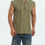 Men'S Plus Size Sleeveless Traditional Chinese Guizhou Shirt - Stand Collar Loose Fit With Drawstring & Button Front Closure, Olive Green Casual Retro Top For Spring Summer Fall, Machine Washable, Plus Size