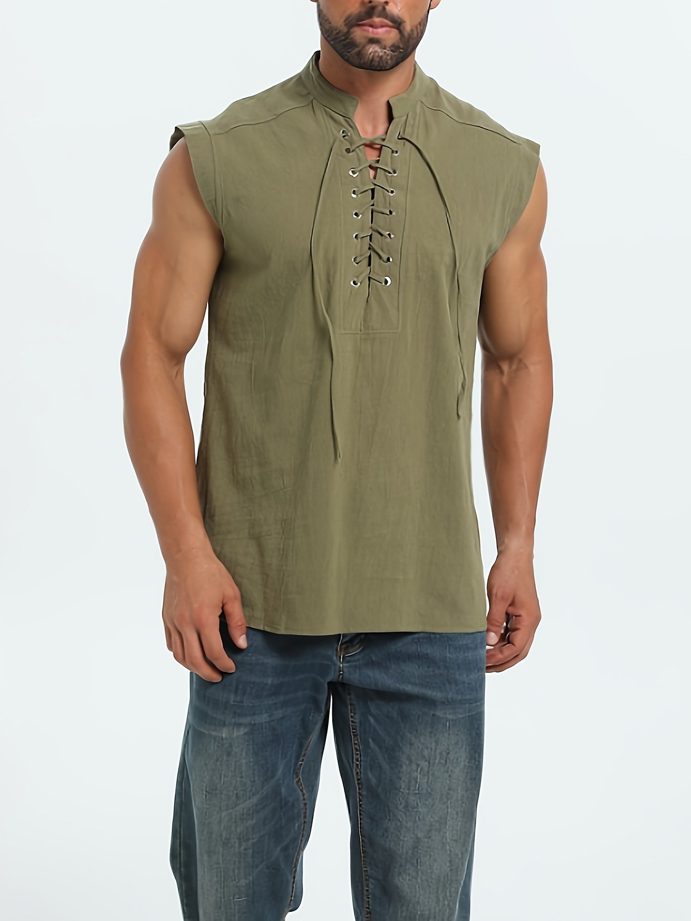 product-fancy-b6502693-e4ac-4c7e-9dda-72b8549ac1b1.jpg Men'S Plus Size Sleeveless Traditional Chinese Guizhou Shirt - Stand Collar Loose Fit With Drawstring & Button Front Closure, Olive Green Casual Retro Top For Spring Summer Fall, Machine Washable, Plus Size - Image 1