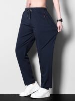 1Pc Men'S Plus Size Casual Sports Pants, Polyester Stretch, Solid Color, Regular Fit, Zipper Detail, Spring/Summer Collection - Image 3