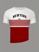 Men'S New York Usa 3D Print Striped T-Shirt - Casual Summer Sportswear, Oversized Red And White Short Sleeve Tee With Asymmetrical Stripes - Image 7