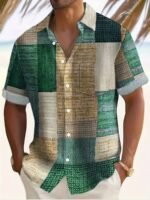 Men'S Plus Size Casual Short Sleeve Shirt - Bohemian Elegant Style With Button Closure, Geometric Striped Print, Slim Fit For Spring/Autumn - Image 2