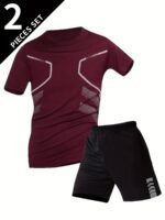 2Pcs Men'S Summer Short Sleeve Suit - Casual Sporty Round Neck T-Shirt & Shorts Set, Breathable Polyester Blend, Regular Fit, White & Black With Orange Accents, Perfect For Outdoor Activities, Summer Casual Wear | Sporty Look | Comfortable Fit, Summer Shorts