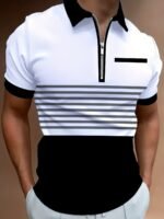 Men'S Color Blocking Stripes Print Golf Shirt For Summer, Casual Stylish Short Sleeve Top As Gift, Plus Size - Image 4