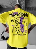 Men'S Streetwear Graphic T-Shirt - Loose Fit Round Neck Summer Tee With Bold "Perfect Not" Bear & Hearts Design, Light Blue Casual Urban Fashion Top For Casual Attire, Streetwear Fashion | Bold Graphic Tee | Comfortable Fit, T Shirt Stylish - Image 7