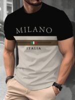 Men'S Casual "Milano Italy" Graphic T-Shirt - Black & White With Italian Flag Design, Short Sleeve, Round Neck, Polyester, Summer Streetwear, Italian T Shirt