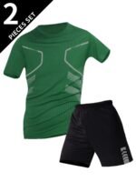 2Pcs Men'S Summer Short Sleeve Suit - Casual Sporty Round Neck T-Shirt & Shorts Set, Breathable Polyester Blend, Regular Fit, White & Black With Orange Accents, Perfect For Outdoor Activities, Summer Casual Wear | Sporty Look | Comfortable Fit, Summer Shorts - Image 6