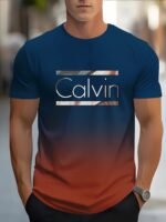 Men'S Casual Short Sleeve T-Shirt With Bold Calvin Monogram Print - Blue & White Gradient Design, Regular Fit Round Neck, Machine Washable For Casual Attire, Summer Apparel, Modern Fashion, Comfortable Fabric, Graphic Tee, Streetwear Style - Image 6