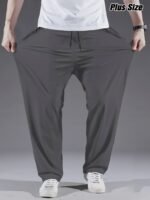Men'S Plus Size Polyester Sports Pants - 100% Polyester, Casual Style, Slight Stretch Fabric, Solid Color, Spring/Summer, Regular Fit, Adult Weekend Casual Trousers With Woven Technique - Image 3