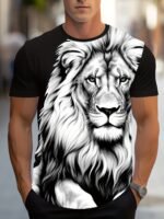 Men'S Casual Black & White Lion Graphic T-Shirt - Short Sleeve, Round Neck, Comfortable Polyester Blend, Summer Style, Versatile For Casual Attire, Everyday Tshirt | Graphic Tee | Durable Print - Image 3