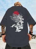 Men'S Casual Short Sleeve T-Shirt With Japanese-Inspired Cherry Blossom & Mountain Print - Breathable Regular Fit Round Neck Tee For Summer Outdoor Activities, Machine Washable, Plus Size - Image 5