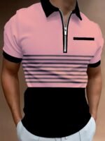 Men'S Color Blocking Stripes Print Golf Shirt For Summer, Casual Stylish Short Sleeve Top As Gift, Plus Size - Image 2