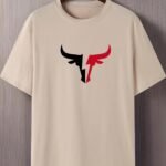 Men'S 180Gsm Heavyweight 100% Cotton T-Shirt With Bull Head Graphic Print - Beige & Black Casual Round Neck Short Sleeve Summer Tee For Bull Riding, Western Style Casual Attire, Machine Washable, Dry Cleanable, Relaxed Fit, Bullfighting Design, Breathable Fabric, Ideal For Casual Outings & Themed Events, Adult Men'S Fashion, Regular Fit, Bold Bull Head Graphic, Comfortable For Summer Wear, Plus Size