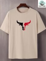 Men'S 180Gsm Heavyweight 100% Cotton T-Shirt With Bull Head Graphic Print - Beige & Black Casual Round Neck Short Sleeve Summer Tee For Bull Riding, Western Style Casual Attire, Machine Washable, Dry Cleanable, Relaxed Fit, Bullfighting Design, Breathable Fabric, Ideal For Casual Outings & Themed Events, Adult Men'S Fashion, Regular Fit, Bold Bull Head Graphic, Comfortable For Summer Wear, Plus Size