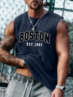 Obm Same Bond Men'S Sleeveless Athletic Tank Top With Boston Est. 1997 Print - Black & Golden, Regular Fit, Machine Washable, All-Season Workout & Casual Wear, Sports Apparel, Sporty Look, Nontransparent Fabric - Image 3