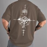 Men'S Vintage Compass Print Short Sleeve Crew Neck Casual Sports Thin T-Shirt For Summer And Spring, Polyester Versatile Top For Summer