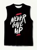 Men'S Plus Size "Never Give Up" Motivational Print Tank Top - Breathable & Stretchy Sleeveless Shirt For Summer Fitness, Training & Basketball - Black With White & Red Design, Polyester Blend, Casual Style, Basketball Tank Top | Sleeveless Motivational Shirt | Digital Print Quality, Gym Shirts, Plus Size - Image 5